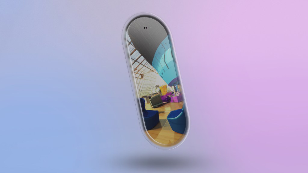 Portal mirror floating in virtual space showing the physical world on the other side.